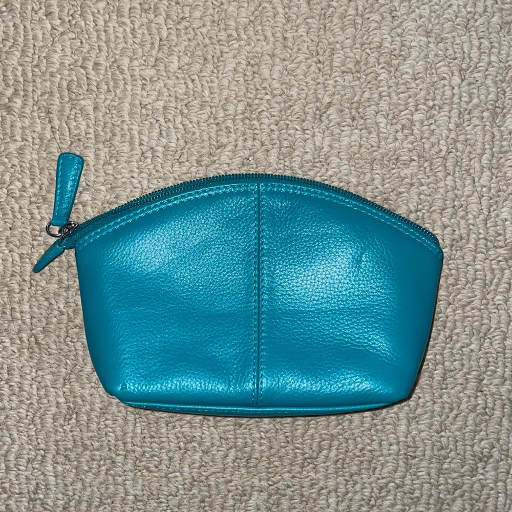 Teal Leather Zip Cosmetic Pouch - Women Bags